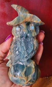 Blue Onyx Owl with Beautiful Banding and Labradorite Eyes, Crystal Carving, Stunning!