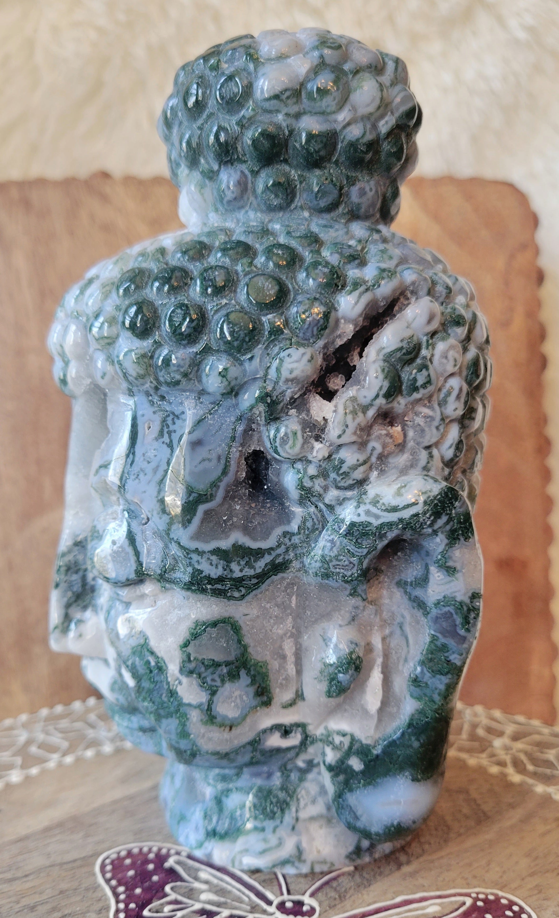 Moss Agate Big Buddha Head Crystal Carving, Stunning!